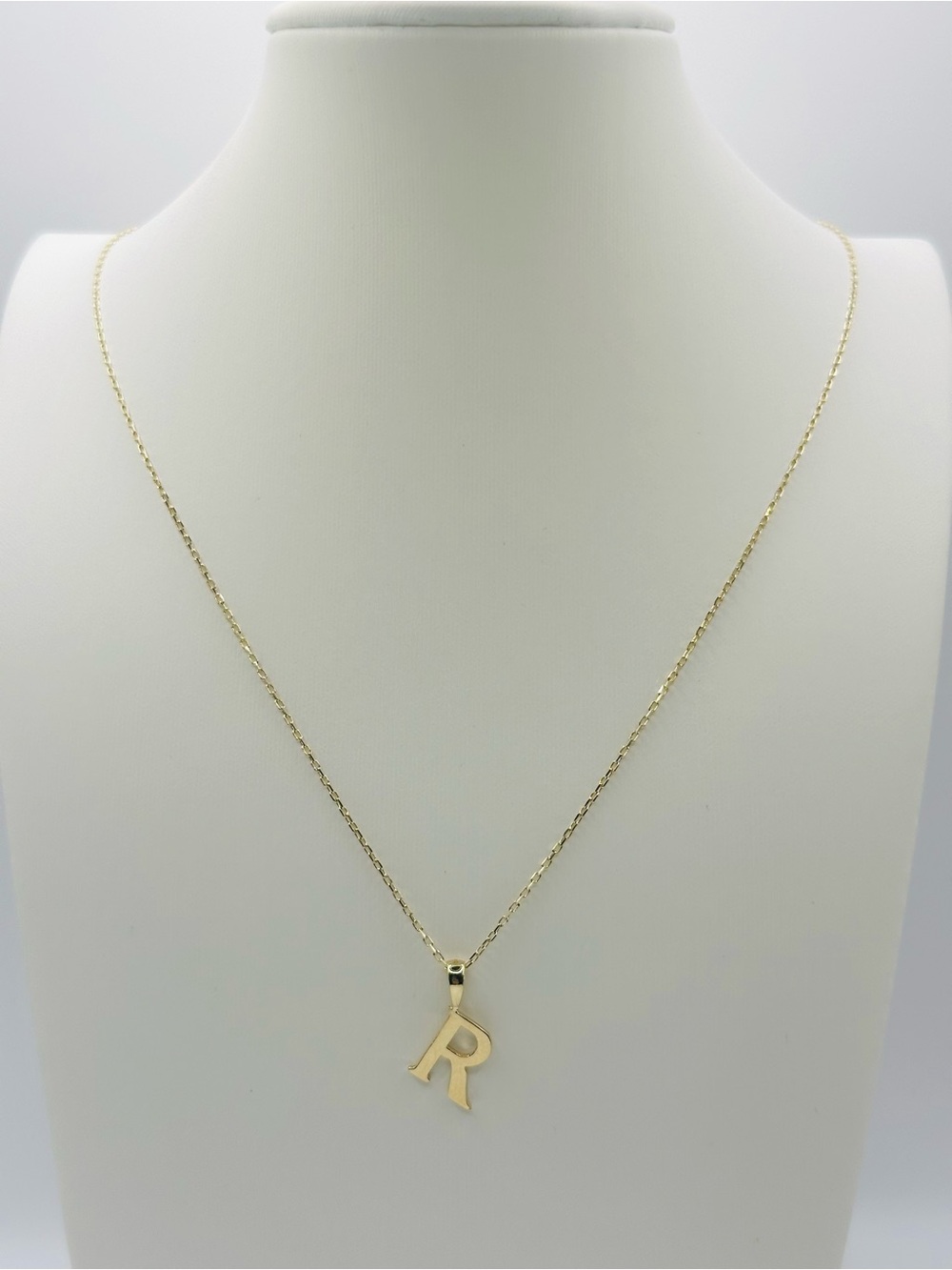 Solid 14K Gold R Initial Necklace 45cm 1mm Forze Chain 2.16g 585 Letter Pendant
